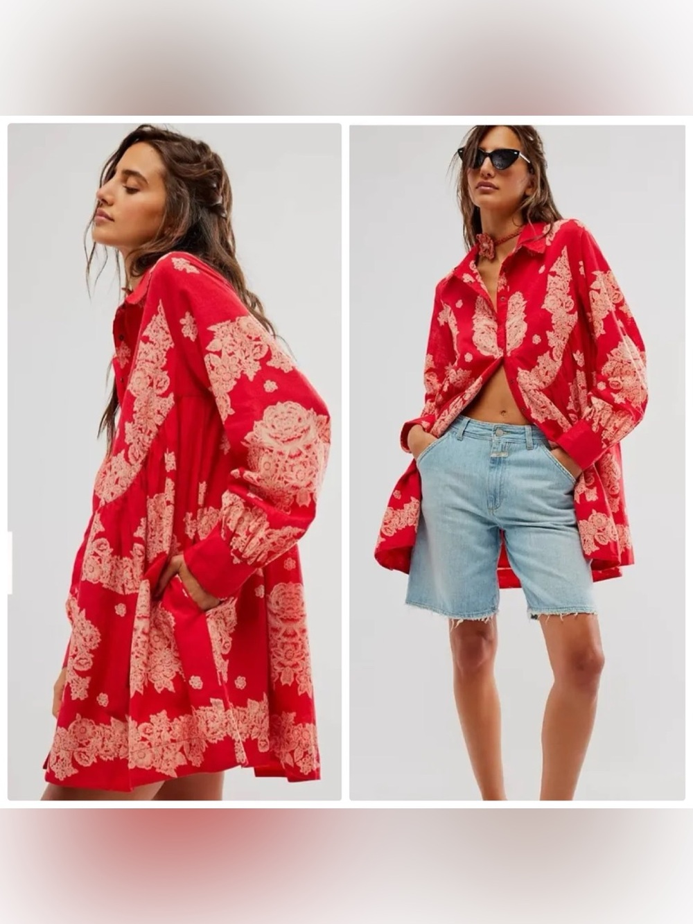 Free People RARE smell the roses button down baby doll shirt dress in red XS